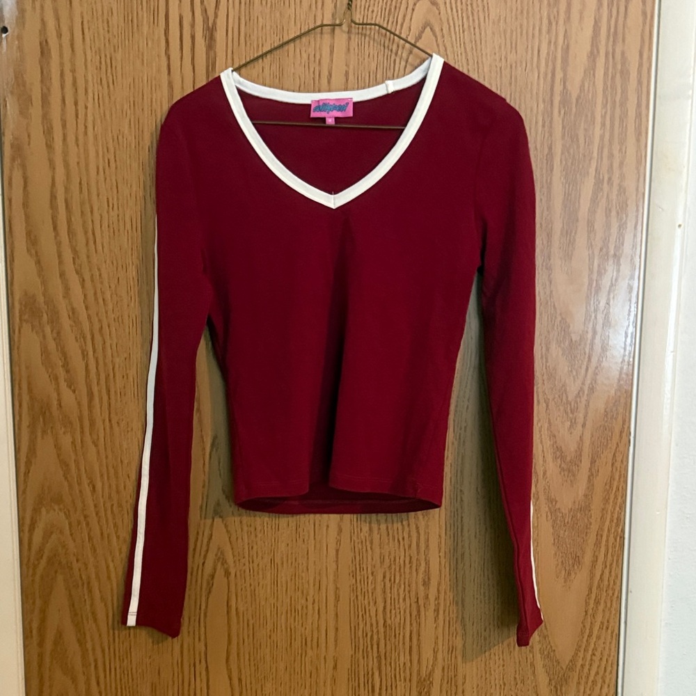 Edikted Long Sleeve Fitted Racing Stripe V-Neck Shirt Tee Top Red Burgundy Sz M